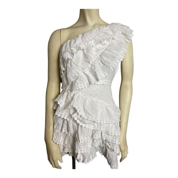 Luoluojuanjie One Shoulder Ruffle Mini Dress White XXS XS Coquette Eyelet Lace - Picture 1 of 9